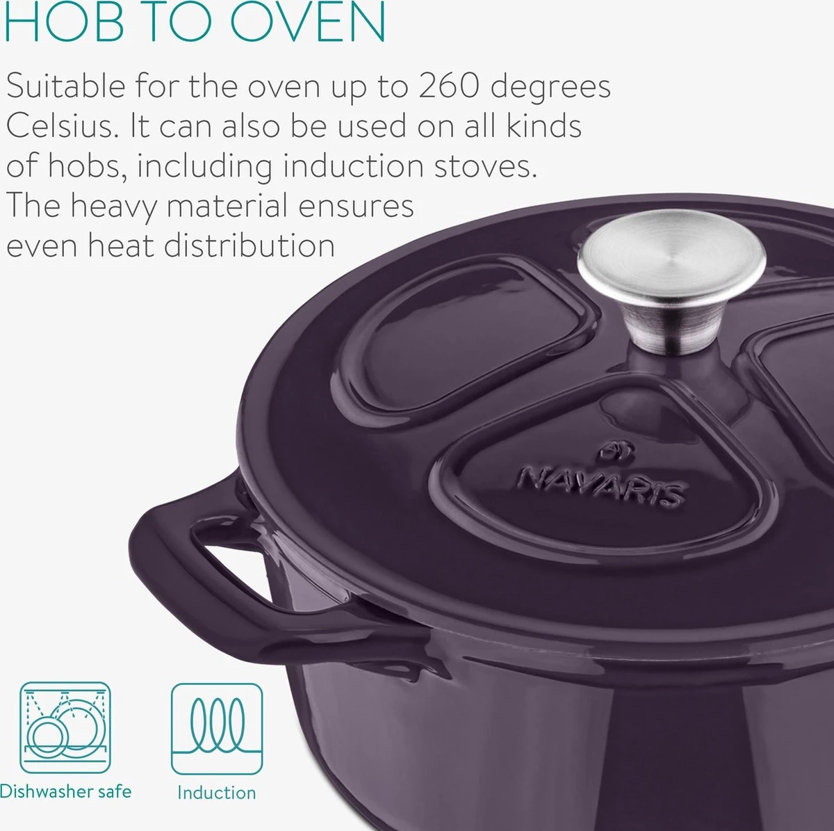 Cocotte En Fonte Navaris Avec Couvercle - Navaris émaillée - Convient à La Cuisson Induction, Gaz Et Céramique - Violet 6 Cocotte En Fonte Navaris Avec Couvercle - Navaris émaillée - Convient à La Cuisson Induction, Gaz Et Céramique - Violet – Image 6