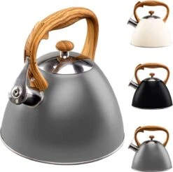 VILDE Bouilloire 3 L, Moderne, Induction Gaz, Ouverture Automatique Du Tuyau, Bouilloire Sifflante Pour Faire Bouillir L'eau, Couleur Bois Gris