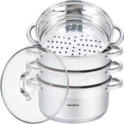 Cuiseur Vapeur - Cuiseur Riz Et Légumes 5 Pièces - Ø 24 Cm - 5L - Acier Inoxydable Avec Couvercle En Verre - FIRENZE