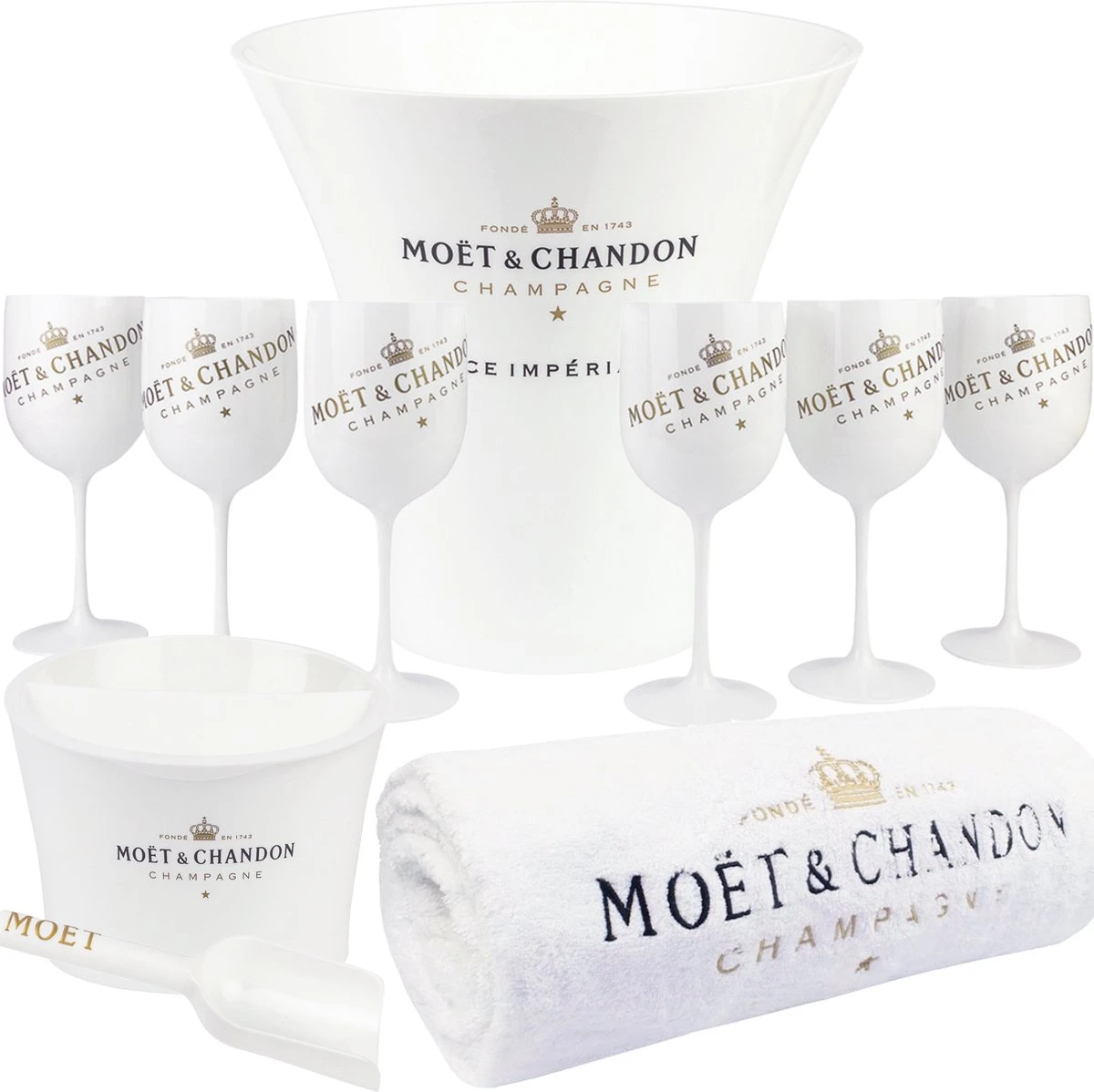 Ensemble Complet Moët & Chandon Ice Imperial Seau à Glace XL Comprenant 6 Verres Et Petit Seau à Glace Avec Cuillère Et Serviette 1 Ensemble Complet Moët & Chandon Ice Imperial Seau à Glace XL Comprenant 6 Verres Et Petit Seau à Glace Avec Cuillère Et Serviette