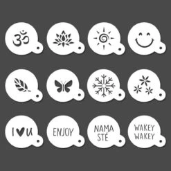 Pochoir Café QBIX - Modèle Cappuccino - Ensemble De Pochoirs Barista Réutilisable - Modèles Cacao - 12 Pièces - Yoga, Nature Et Bonnes Vibrations -Cuisine Fournitures Magasin 1200x1200 1110