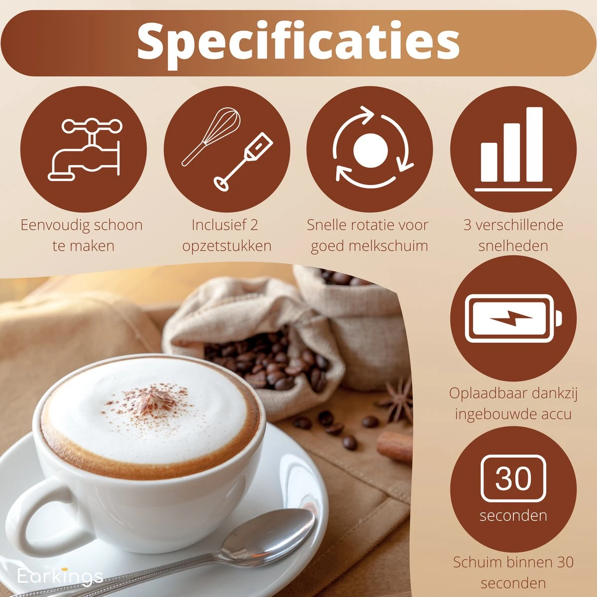 Mousseur à Lait Premium Earkings - Mousseur à Lait Rechargeable Avec Câble USB Inclus - Comprend 2 Accessoires - Mousseur à Lait électrique Wit 4 Mousseur à Lait Premium Earkings - Mousseur à Lait Rechargeable Avec Câble USB Inclus - Comprend 2 Accessoires - Mousseur à Lait électrique Wit – Image 4