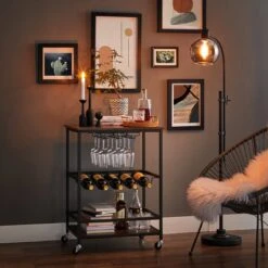 VinoDiMontagna Casier à Vin - Chariot De Cuisine - Chariot De Service - 75 X 60 X 40 Cm - Sur Roulettes - Porte Bouteille De Vin - Porte Verre à Vin - Support De Rangement