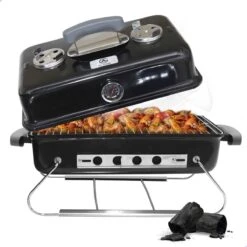 AG To- Go Barbecue Ø44 Cm - Barbecues à Charbon - Incl. Thermomètre - Température Inoxydable - Compact -Barbecue Carré - Incl. Couvercle - Barbecue Traditionnel - 6 Personnes - Partout Grille De Ventilation Pour Régulation D'oxygène - Zwart