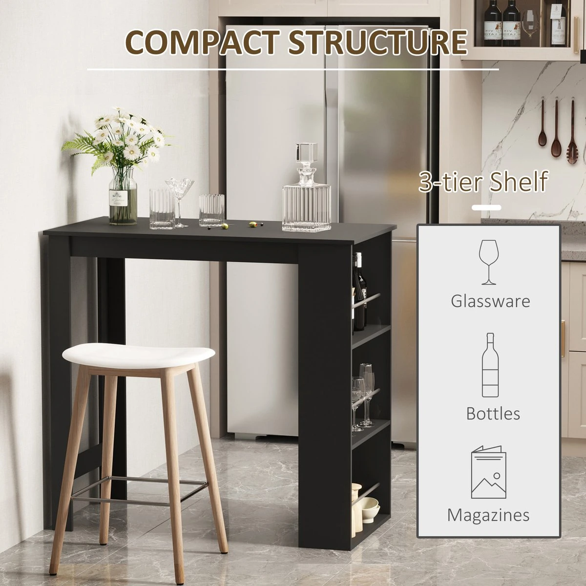 HOMCOM Table De Bar, Bureau, Table De Cuisine Avec 3 étagères, Aggloméré Noir 835-390 16 HOMCOM Table De Bar, Bureau, Table De Cuisine Avec 3 étagères, Aggloméré Noir 835-390 – Image 16