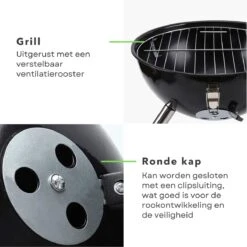 Cheqo® Kogelbarbecue - BBQ à Charbon De Bois - Barbecue - Barbecue De Table - Zwart - Ø 32cm - Surface De Cuisson 30cm - Grille De Ventilation Réglable - Capot Rond Verrouillable -Cuisine Fournitures Magasin 1200x1200 240