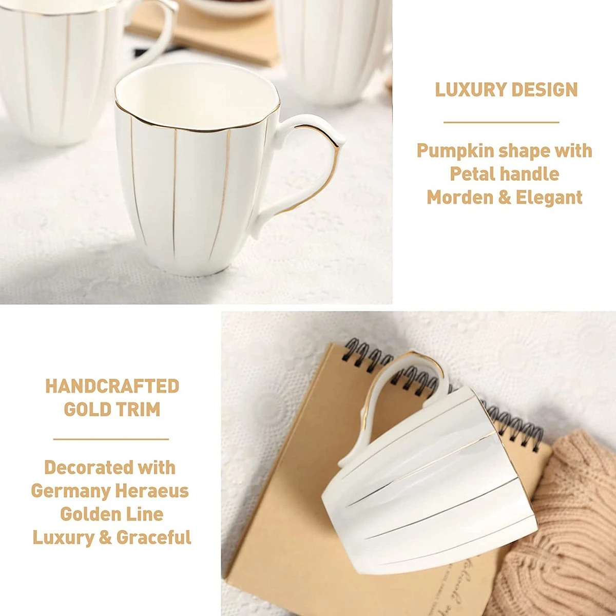 Lot De 4 Tasses à Café DUJUST (400 Ml), Design Britannique De Luxe Avec Garnitures Dorées Faites à La Main, Ensemble De Tasses En Porcelaine Blanche Et Dorée De 1ère Classe Pour Café, Thé Et Lait, Belles Tasses En Porcelaine Fine Et Ornée. 2 Lot De 4 Tasses à Café DUJUST (400 Ml), Design Britannique De Luxe Avec Garnitures Dorées Faites à La Main, Ensemble De Tasses En Porcelaine Blanche Et Dorée De 1ère Classe Pour Café, Thé Et Lait, Belles Tasses En Porcelaine Fine Et Ornée. – Image 2