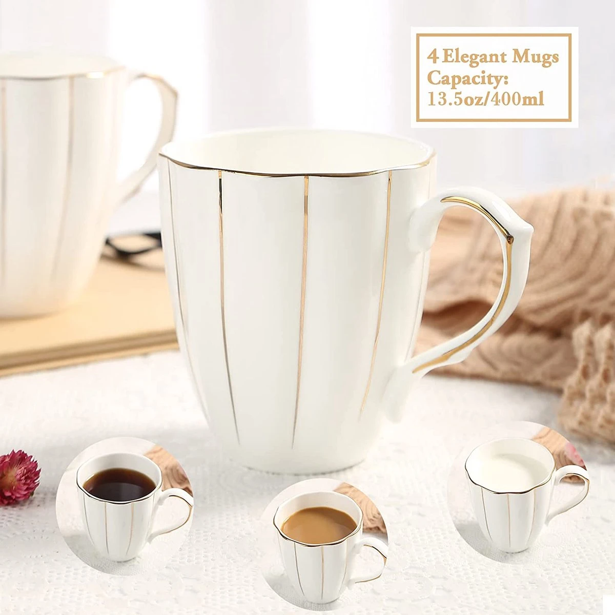 Lot De 4 Tasses à Café DUJUST (400 Ml), Design Britannique De Luxe Avec Garnitures Dorées Faites à La Main, Ensemble De Tasses En Porcelaine Blanche Et Dorée De 1ère Classe Pour Café, Thé Et Lait, Belles Tasses En Porcelaine Fine Et Ornée. 4 Lot De 4 Tasses à Café DUJUST (400 Ml), Design Britannique De Luxe Avec Garnitures Dorées Faites à La Main, Ensemble De Tasses En Porcelaine Blanche Et Dorée De 1ère Classe Pour Café, Thé Et Lait, Belles Tasses En Porcelaine Fine Et Ornée. – Image 4