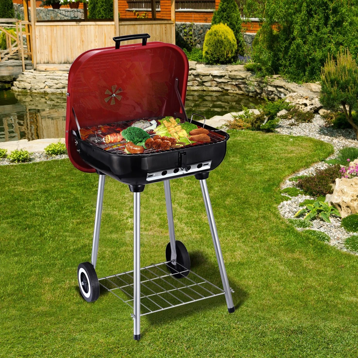 Barbecue à Charbon Outsunny Sur Roulettes Barbecue Chariot Boule Barbecue Grill Avec Couvercle BBQ Métal Rouge 01-0569 7 Barbecue à Charbon Outsunny Sur Roulettes Barbecue Chariot Boule Barbecue Grill Avec Couvercle BBQ Métal Rouge 01-0569 – Image 7