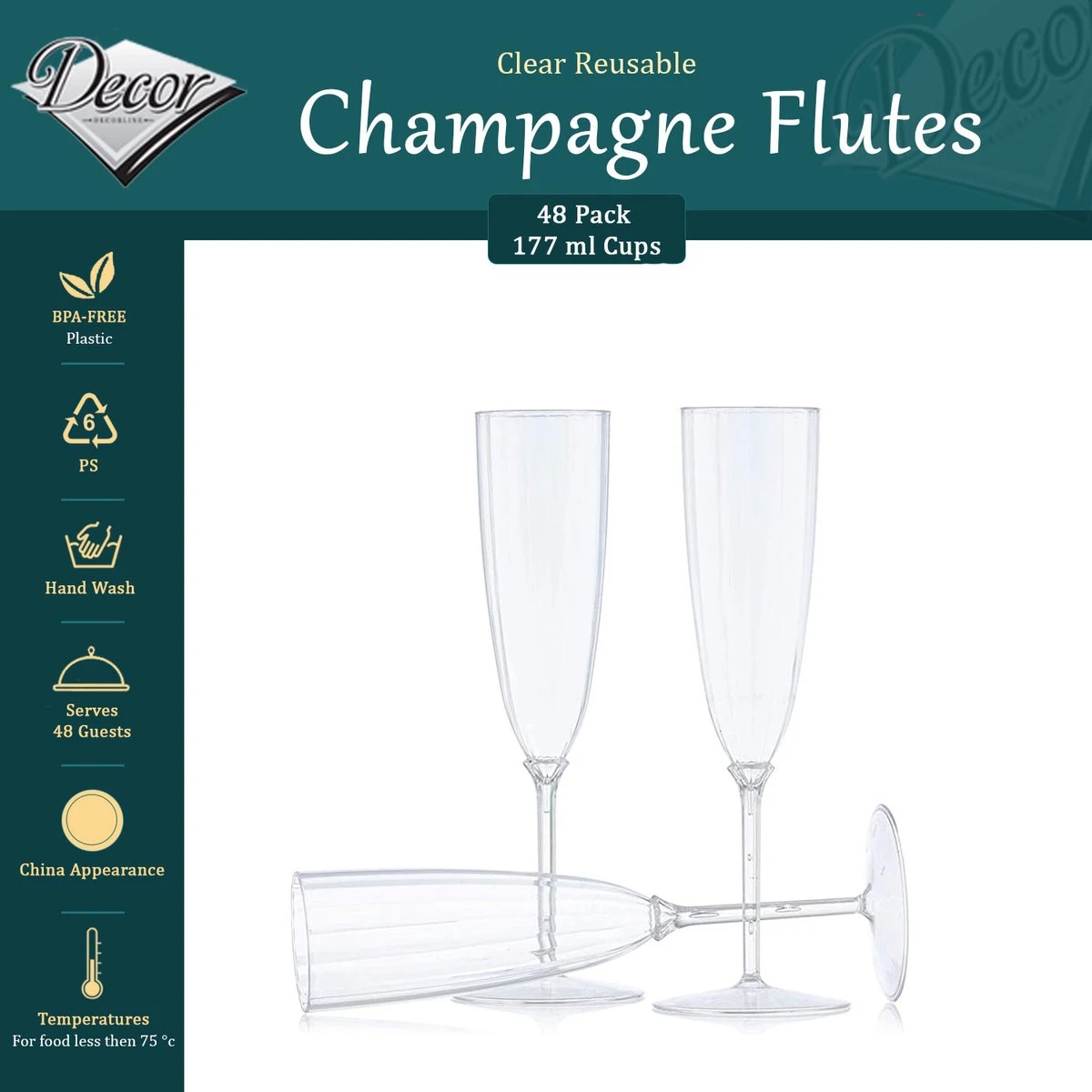 Decorline - 48 X Verres à Champagne En Plastique à Usage Multiple De Transparent, Verres à Pied Flûte à Champagne En Plastique Pour Mariages, Célébrations Et Fêtes, Set - Lot De 48 - Transparent 3 Decorline - 48 X Verres à Champagne En Plastique à Usage Multiple De Transparent, Verres à Pied Flûte à Champagne En Plastique Pour Mariages, Célébrations Et Fêtes, Set - Lot De 48 - Transparent – Image 3