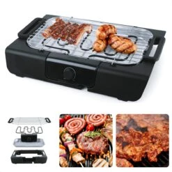 Barbecue De Table électrique Cheqo® - Plaque De Gril électrique - Modèle De Table BBQ électrique - Acier Inoxydable Et Plastique - Avec Réservoir D'eau, Thermostat, Interrupteur - 2000W