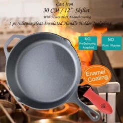 Poêle En Fonte De 12 Pouces Avec Revêtement En émail Noir Mat - Supports En Silicone Résistant à La Chaleur Inclus. Idéal Pour Une Utilisation Intérieure Et Extérieure, Passe Au Four. -Cuisine Fournitures Magasin 1200x1200 647