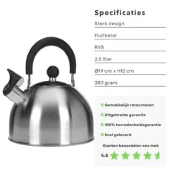 Cheqo® Bouilloire Sifflante En Acier Inoxydable 2,5 L - Bouilloire Chauffante - Bouilloire - Diamètre 19 Cm, Hauteur 12 Cm - Gaz, électrique, Céramique Et Halogène -Cuisine Fournitures Magasin 1200x1200 744