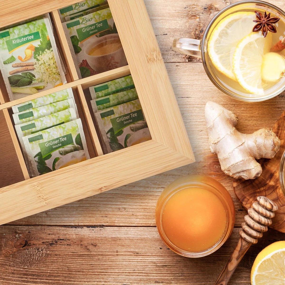 Boîte à Thé Relaxdays 10 Compartiments - Bambou - Boîte à Thé Bois - Avec Couvercle Et Fenêtre - Polyvalent 5 Boîte à Thé Relaxdays 10 Compartiments - Bambou - Boîte à Thé Bois - Avec Couvercle Et Fenêtre - Polyvalent – Image 5