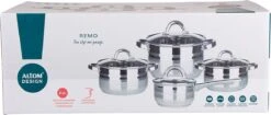 Altom Design Remo Set De Casseroles 8 Pièces Avec Cocotte - Casserole - Inox - 8 Pièces - Ø 14/16/18/22 Cm - Convient à Tous Feux - Argent -Cuisine Fournitures Magasin 1200x509
