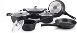Batterie De Cuisine S&P+ 14 Pièces - Toutes Sources De Chaleur - Également à Induction - Couvercles En Verres - Avec Poignée Amovible - Intérieur En Marbre - Sans PFAS | Noir