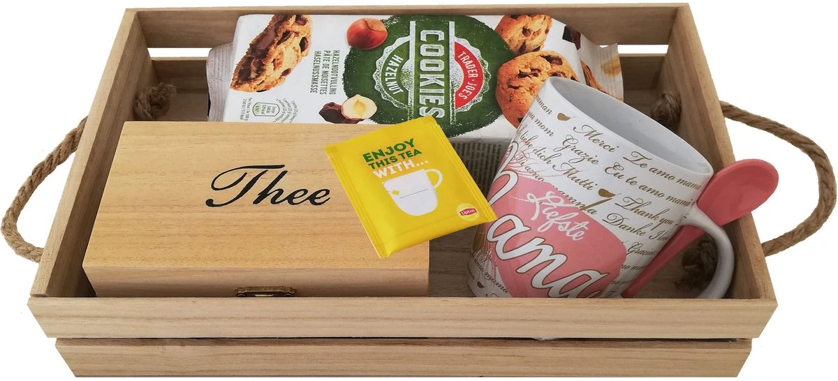 Thé Pack Pour La Sweetest Maman - Liptop Thee - Trader Joe Cookies - Tasse Avec Une Cuillère - Plateau En Bois 1 Thé Pack Pour La Sweetest Maman - Liptop Thee - Trader Joe Cookies - Tasse Avec Une Cuillère - Plateau En Bois