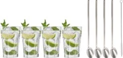 4x Verres à Verres à Cocktail / Verres à Mojito Transparents 410 Ml - Y Compris 4x Pailles Cuillères Réutilisables En Acier Inoxydable