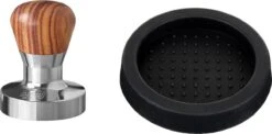 Expresso écarlate | Tamper "Passion" Pour Barista; Avec Poignée Ergonomique En PVC Ou En Bois Précieux De Votre Choix Et Base En Acier Inoxydable De Précision. Palissandre 58,5 Mm + Planche De Tige
