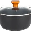 Casserole Florina Natura Line Limited Edition Avec Revêtement En Céramique 3 Couches - Couvercle En Verre Inclus - 28cm - 5L - Noir Mat / Marron - Poignées En Bois Véritable - Design Uniek