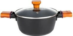 Casserole Florina Natura Line Limited Edition Avec Revêtement En Céramique 3 Couches - Couvercle En Verre Inclus - 28cm - 5L - Noir Mat / Marron - Poignées En Bois Véritable - Design Uniek