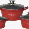 Ensemble De Cocottes De Luxe Cheffinger - Diamond Red Line - 6 Pièces - Couvercle Inclus - Induction - 20, 24 Et 28CM
