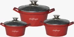 Ensemble De Cocottes De Luxe Cheffinger - Diamond Red Line - 6 Pièces - Couvercle Inclus - Induction - 20, 24 Et 28CM