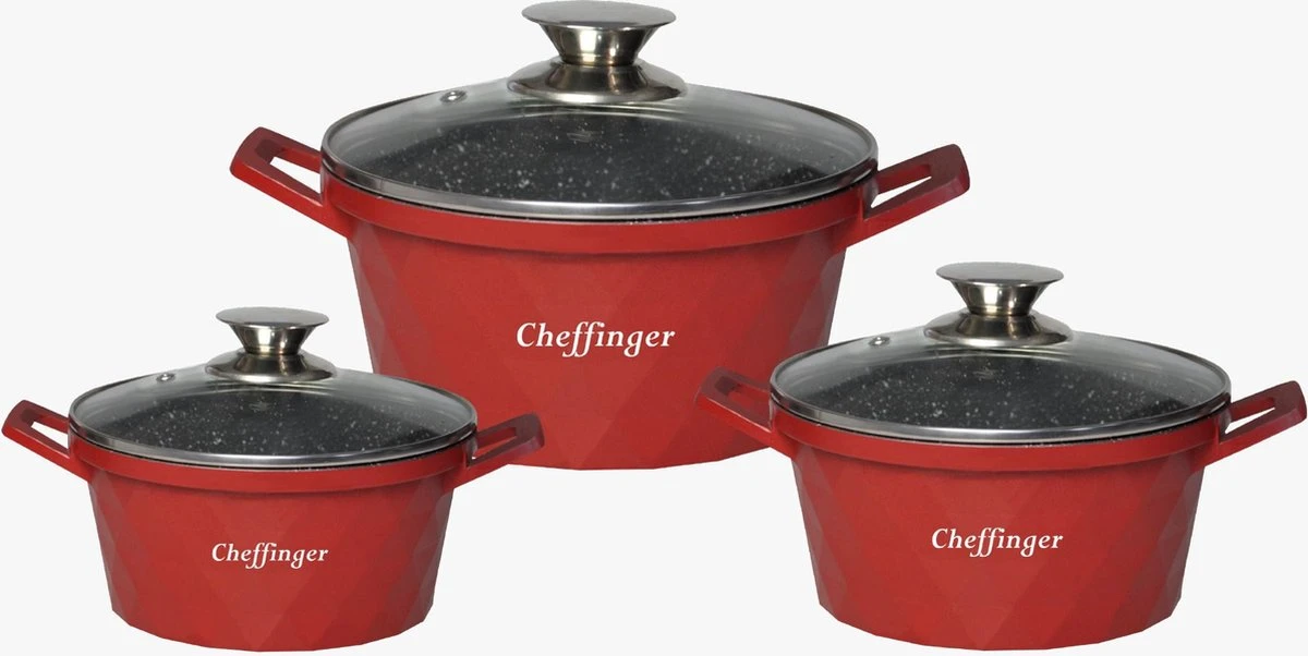 Ensemble De Cocottes De Luxe Cheffinger - Diamond Red Line - 6 Pièces - Couvercle Inclus - Induction - 20, 24 Et 28CM 1 Ensemble De Cocottes De Luxe Cheffinger - Diamond Red Line - 6 Pièces - Couvercle Inclus - Induction - 20, 24 Et 28CM