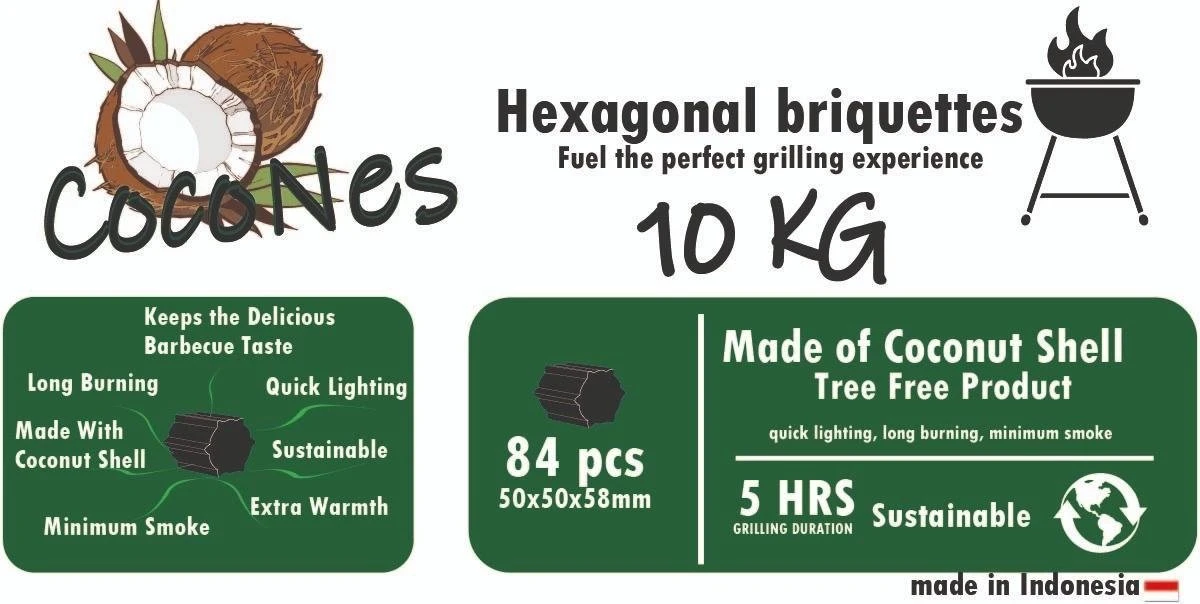 Briquettes De Noix De Coco 10 KG - Briquettes Hexagonales - Briquettes De Noix De Coco - BBQ 1 Briquettes De Noix De Coco 10 KG - Briquettes Hexagonales - Briquettes De Noix De Coco - BBQ