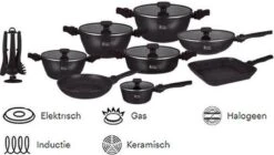 Swiss Pro+ | Batterie De Cuisine En Grès 33 Pièces | Poignées Amovibles, 6 Pots + 2 Casseroles Et Poêles + Fond + 2 Louche Louches + 6 + 12 Couvercles Poignées + Accessoires. - Zwart - SP-3301
