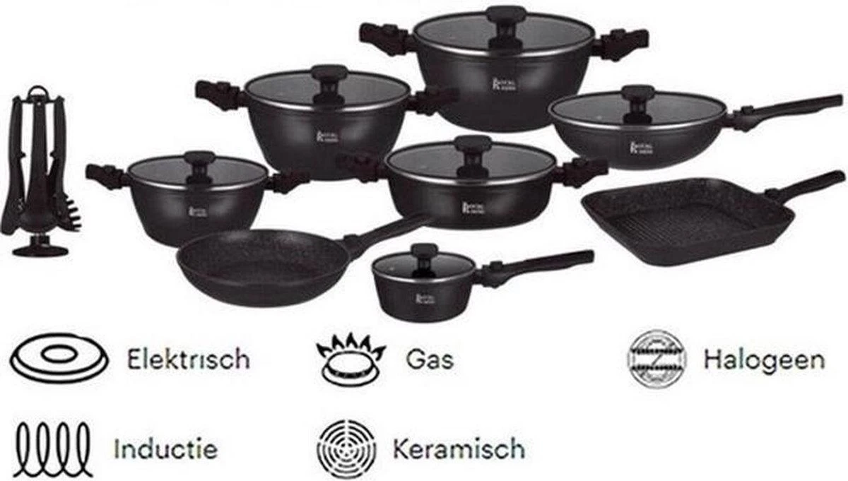Swiss Pro+ | Batterie De Cuisine En Grès 33 Pièces | Poignées Amovibles, 6 Pots + 2 Casseroles Et Poêles + Fond + 2 Louche Louches + 6 + 12 Couvercles Poignées + Accessoires. - Zwart - SP-3301 1 Swiss Pro+ | Batterie De Cuisine En Grès 33 Pièces | Poignées Amovibles, 6 Pots + 2 Casseroles Et Poêles + Fond + 2 Louche Louches + 6 + 12 Couvercles Poignées + Accessoires. - Zwart - SP-3301