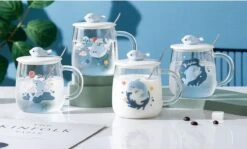 Glas à Thee à Café Avec Figure De Dauphin En Céramique Sur Le Couvercle Et Glas à Cuillère-gobelet - Tasse à Boire Imprimée Avec Dauphin