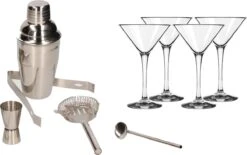 Set De Shaker à Cocktail En Acier Inoxydable 5 Pièces Comprenant 4x Verres à Cocktail / Martini 260 Ml - Faites Vos Propres Cocktails