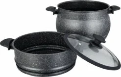 Poêle à Couscous Royal Swiss - Couscoussier - Cuiseur Vapeur - 8L - Toutes Sources De Chaleur - Aluminium Recouvert De Pierre - Couvercle En Verres - NOIR