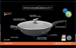 Poêle Wok SteinMeijerGermany 35 Cm - Wok XXL - Avec Couvercle En Verre - Revêtement En Marbre Zwart - Poêle à Vok 35 Cm - La Plus Grande Poêle à Wok Avec Poignée à Induction