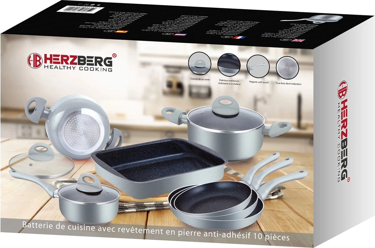 Herzberg: Batterie De Cuisine En Fonte 10 Pièces Avec Revêtement En Marbre - Argent - Sans Rayures - Toutes Sources De Chaleur - Passe Au Lave-vaisselle - Avec Couvercle 2 Herzberg: Batterie De Cuisine En Fonte 10 Pièces Avec Revêtement En Marbre - Argent - Sans Rayures - Toutes Sources De Chaleur - Passe Au Lave-vaisselle - Avec Couvercle – Image 2