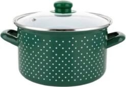 Poêle Classique émaillée Emalia ''Retro Green'' Avec Couvercle En Verre - 16 Cm - 2.1L - Vert / Blanc - Convient à Toutes Les Sources De Chaleur - Design Rétro