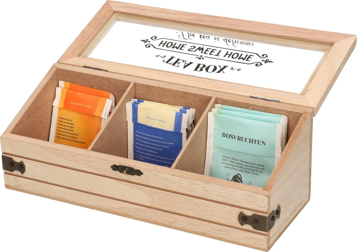 Excellent Houseware Set De 2x Boîtes à Thé/coffres à Thé En Bois Marron/blanc Avec 3 Compartiments 24 X 9 X 9 Cm 3 Excellent Houseware Set De 2x Boîtes à Thé/coffres à Thé En Bois Marron/blanc Avec 3 Compartiments 24 X 9 X 9 Cm – Image 3