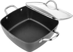 Florina Nelio Cocotte Carrée 28 X 28 Cm Aluminium 6,1 Litres Noir Mat - Convient à L'induction - Couvercle En Verre - Revêtement Antiadhésif -Cuisine Fournitures Magasin 1200x856