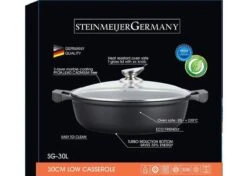SteinMeijerGermany Marbre / Casserole - Avec Couvercle En Verre - Poêle à Pâtisserie Noire - Poêle à Frire 32 CM 8 Litres - Large Poêle à Induction