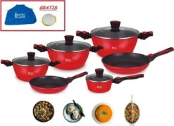 Royal Swiss - Ensemble De Batterie De Cuisine En Grès De 12 Pièces à Induction - Poignée Amovible - Batteries De Cuisine - Couvercles En Verres + Tablier Et éponge GRATUITS