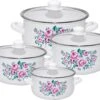 Silesia Klara Ensemble De Casseroles En émail 4 Pièces Rétro Blanc Avec Fleurs - Ensemble De Casseroles Et Poêles Pour Toutes Les Sources De Chaleur - Ensemble De Cuisson émaillé - Émail - Ensemble De Casseroles