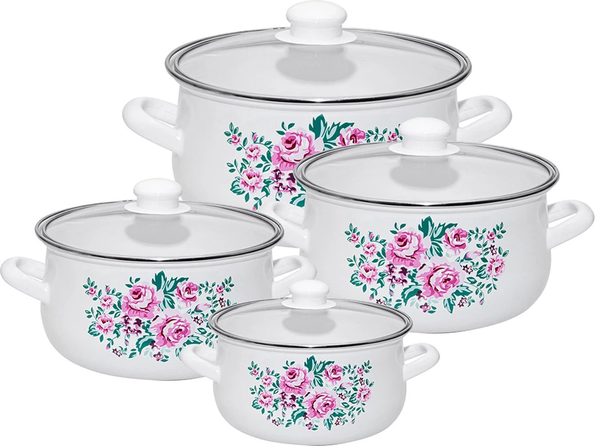 Silesia Klara Ensemble De Casseroles En émail 4 Pièces Rétro Blanc Avec Fleurs - Ensemble De Casseroles Et Poêles Pour Toutes Les Sources De Chaleur - Ensemble De Cuisson émaillé - Émail - Ensemble De Casseroles 1 Silesia Klara Ensemble De Casseroles En émail 4 Pièces Rétro Blanc Avec Fleurs - Ensemble De Casseroles Et Poêles Pour Toutes Les Sources De Chaleur - Ensemble De Cuisson émaillé - Émail - Ensemble De Casseroles