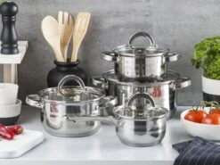 Altom Design Remo Set De Casseroles 8 Pièces Avec Cocotte - Casserole - Inox - 8 Pièces - Ø 14/16/18/22 Cm - Convient à Tous Feux - Argent
