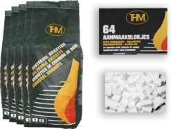 5X Briquettes De Charbon De Bois De 3 KG Avec Allume-feu 64 Pièces - Barbecue - BBQ - 5 Pièces - Briquettes De 15 Kilogrammes