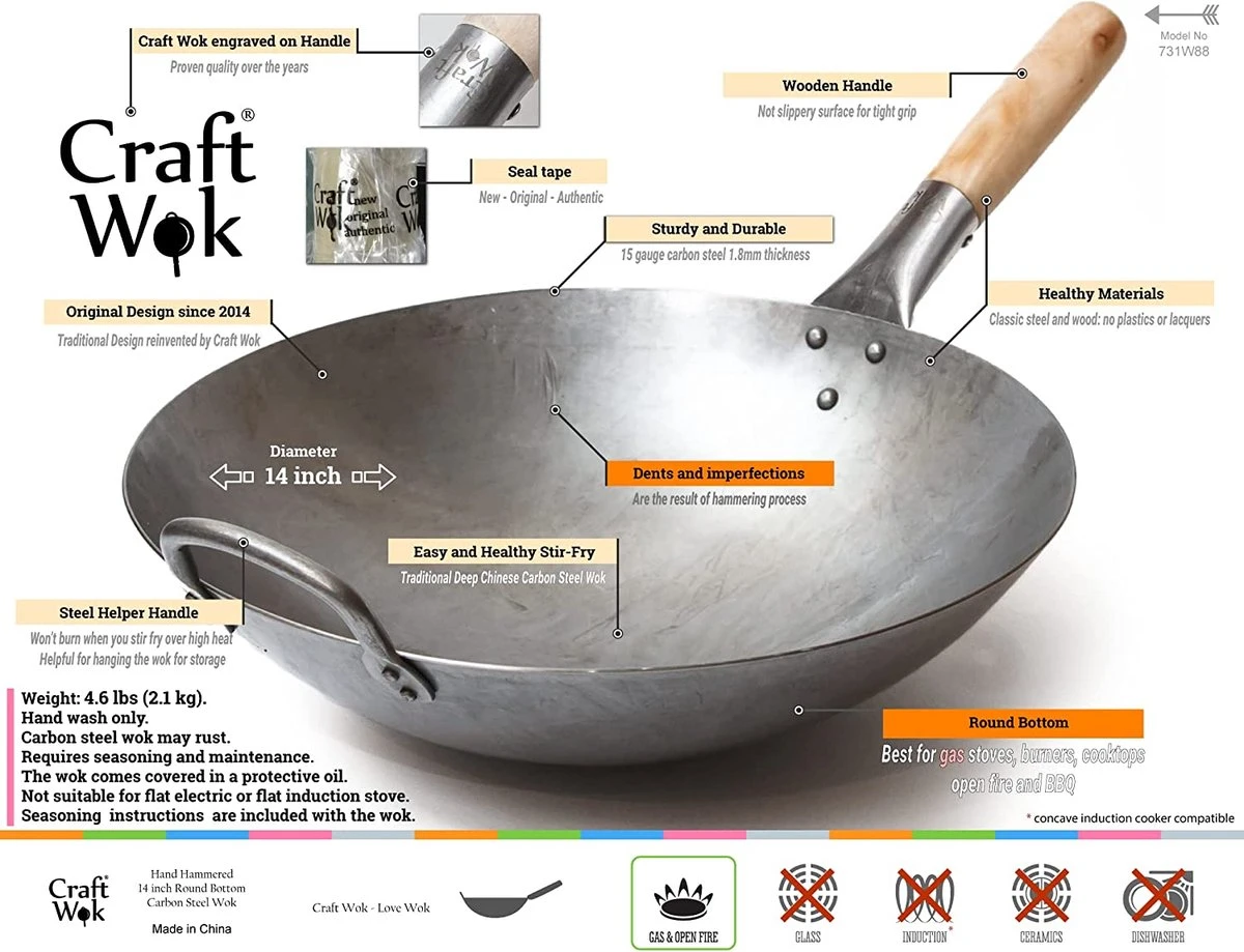 Craft Wok 14 Pouces Pow Wok Traditionnel En Acier Au Carbone Martelé à La Main Avec Poignée Auxiliaire En Bois Et En Acier (35,6 Cm De Diamètre, Fond Rond) / 731W88 3 Craft Wok 14 Pouces Pow Wok Traditionnel En Acier Au Carbone Martelé à La Main Avec Poignée Auxiliaire En Bois Et En Acier (35,6 Cm De Diamètre, Fond Rond) / 731W88 – Image 3