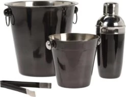 Excellent Houseware Bar Set, Cocktail Set - 4 Pièces - Shaker à Cocktail, Refroidisseur à Vin, Seau à Glace, Pince à Glace - Zwart - Acier Inoxydable