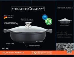 SteinMeijerGermany Marbre / Casserole - Avec Couvercle En Verre - Poêle à Pâtisserie Noire - Poêle à Frire 32 CM 8 Litres - Large Poêle à Induction -Cuisine Fournitures Magasin 1200x925