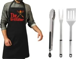 Ensemble D'outils Pour BBQ/ Barbecue 3 Pièces En Acier Inoxydable - Avec Tablier De BBQ Noir The GrillFather - Cadeau De La Vaderdag