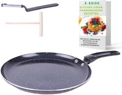 Green Kitchen Pancake Pan Revêtement Anti-adhésif - Crêpière à Induction - Pancake Maker PFOA - Low Edges - Induction / Gaz / Four / électrique -incl. E-Book -25,5Ø - Aluminium